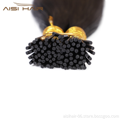Aisi Hair 10A Unprocessed Silky Straight Human Hair Double Drawn 18 Inch Pre Bonded Black I-Tip Human Hair Extensions
